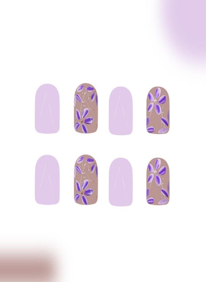 Sevgob Purple Press on Nails Short Square Fake Nails with Lilac Flower Design Floral Glue on Nail Glossy Glitter Spring Nails Reusable Summer False Nail for Women Daily Wear Manicure 24pcs - Image 4